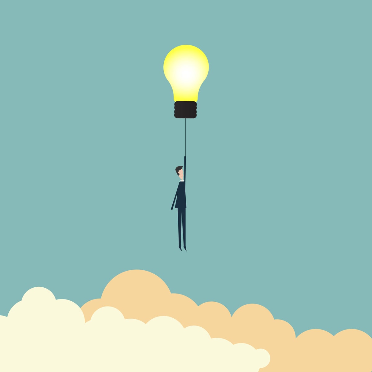 Erfolgsfaktoren für eine einwandfreie ERP Einführung. Geschäftsmann fliegt an einer aufleuchtenden Glühbirne in den Himmel.