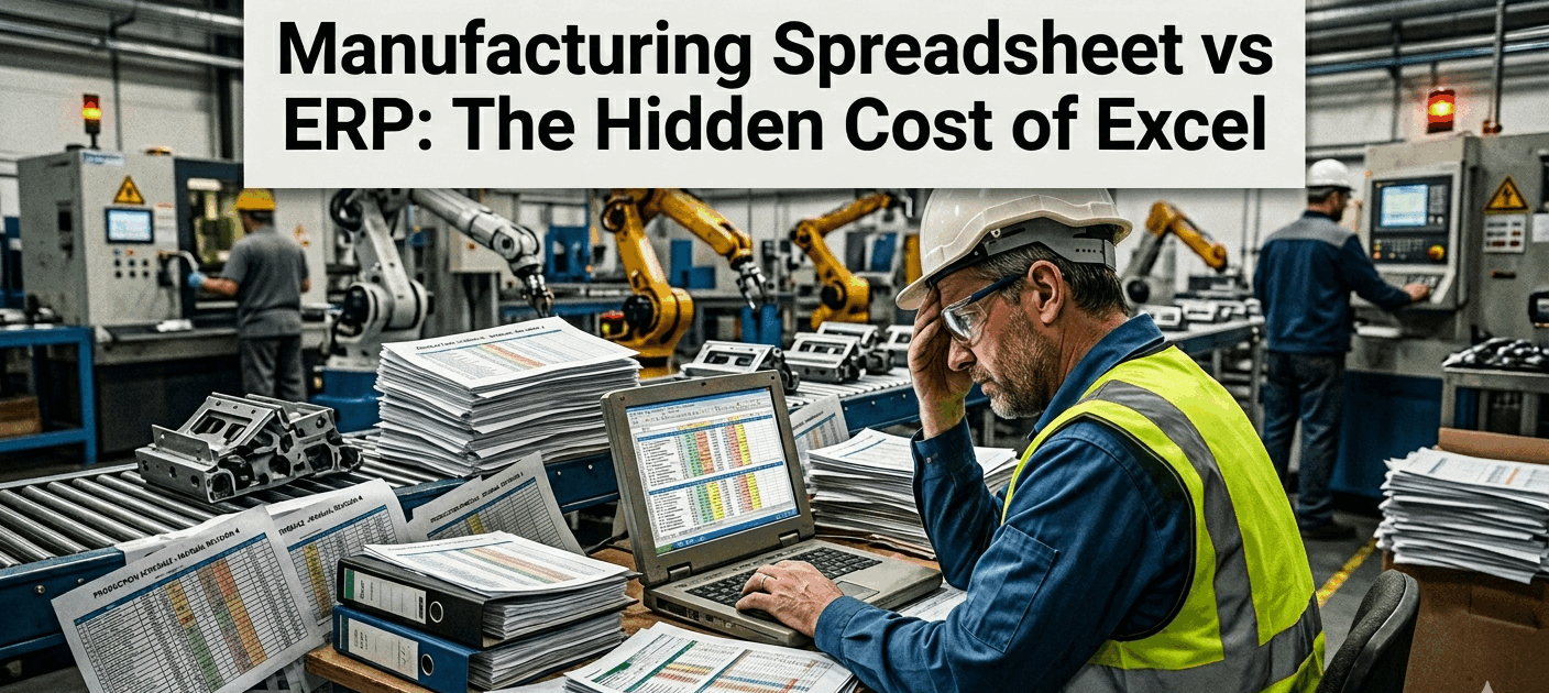 A comprehensive manufacturing spreadsheet vs erp comparison showing a stressed floor manager looking at an Excel file next to an integrated factory dashboard.
