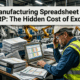 A comprehensive manufacturing spreadsheet vs erp comparison showing a stressed floor manager looking at an Excel file next to an integrated factory dashboard.