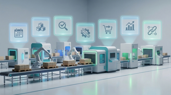 MRP – necesar de materiale automat Linie de producție automatizată cu roboți și panouri grafice de planificare
