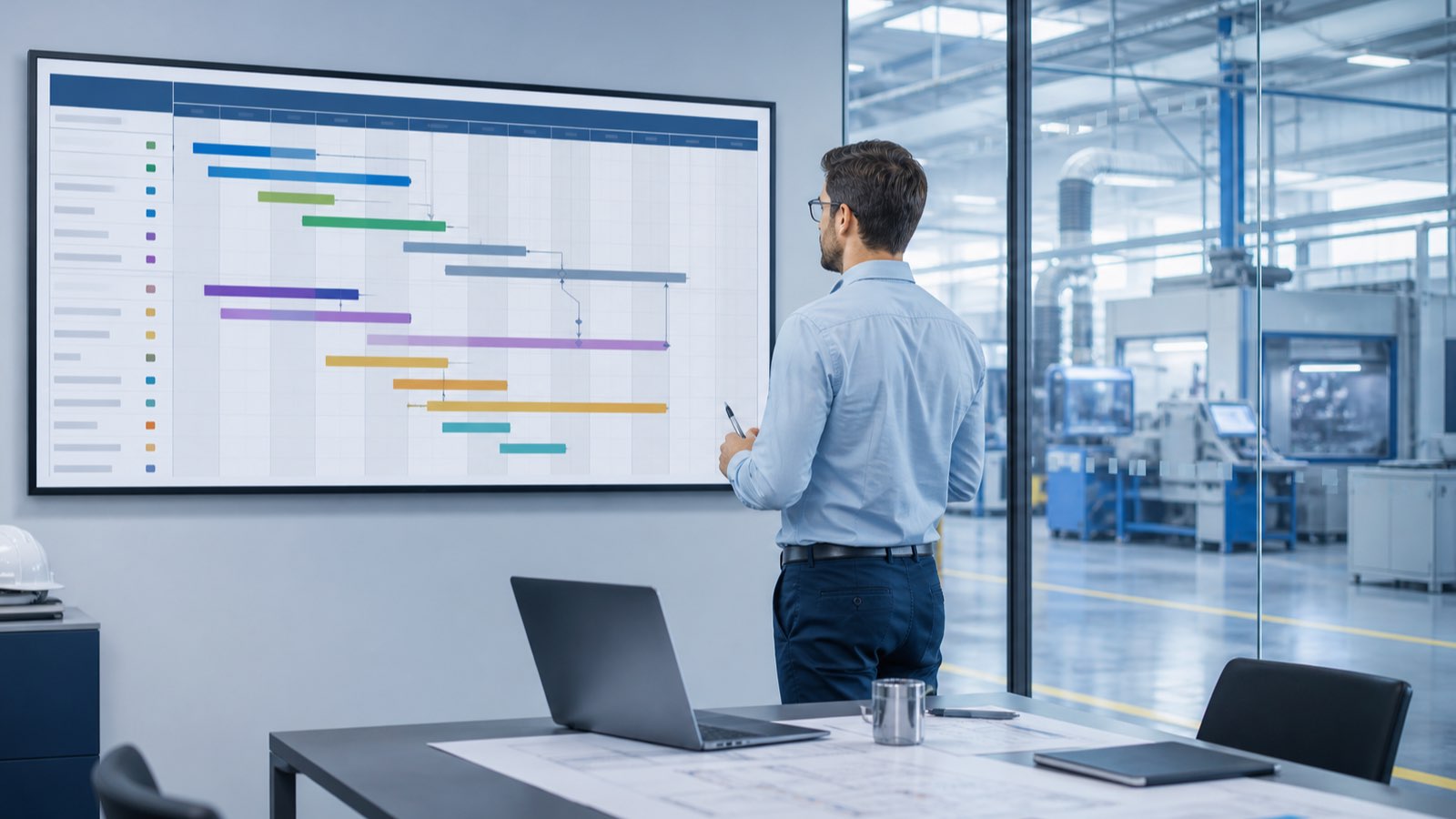planificare-automata-productie Planificator privind un grafic Gantt pe un ecran, lângă o hală industrială