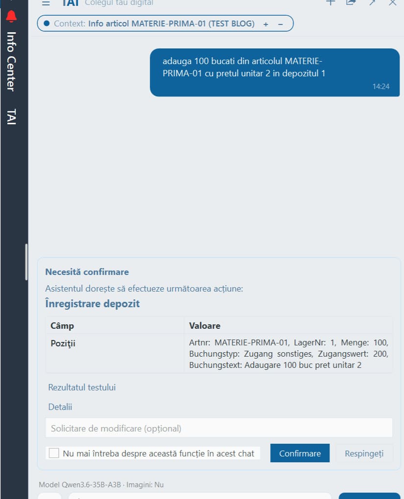 Confirmarea unei înregistrări de stoc inițiate prin TimeLine Agentic Assistant