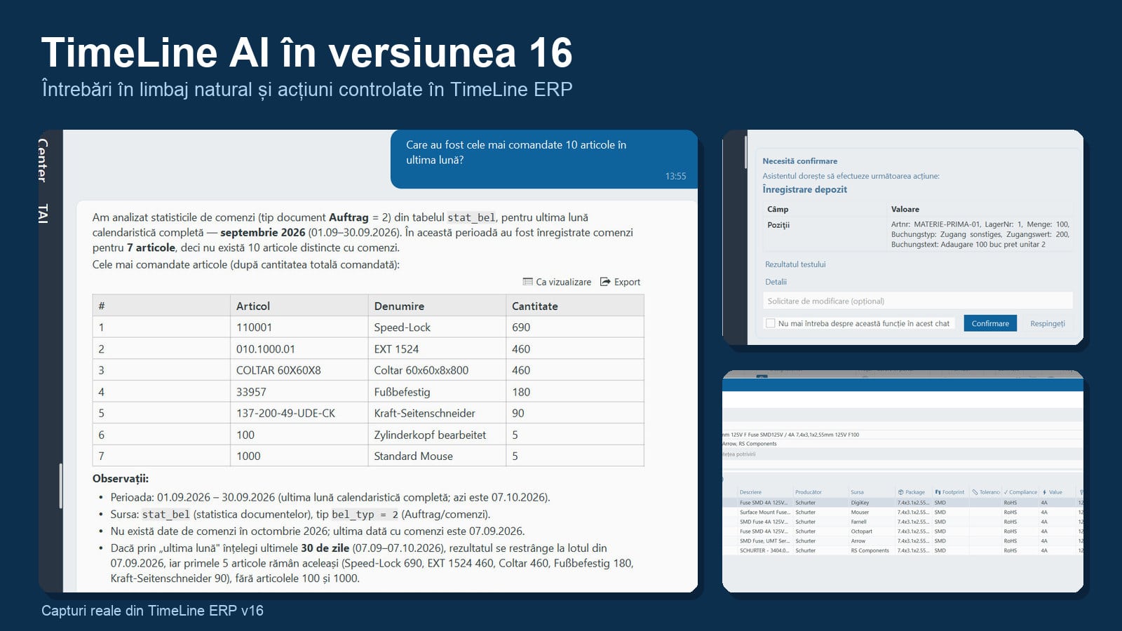 Funcțiile TimeLine AI pentru interogări, acțiuni controlate și BOM Clearing